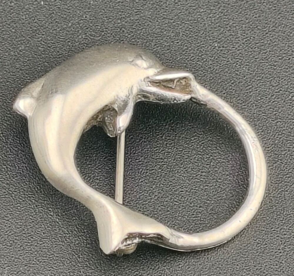 Vintage Handcrafted Sterling Silver Dolphin Ocean Wave Brooch Pin 925